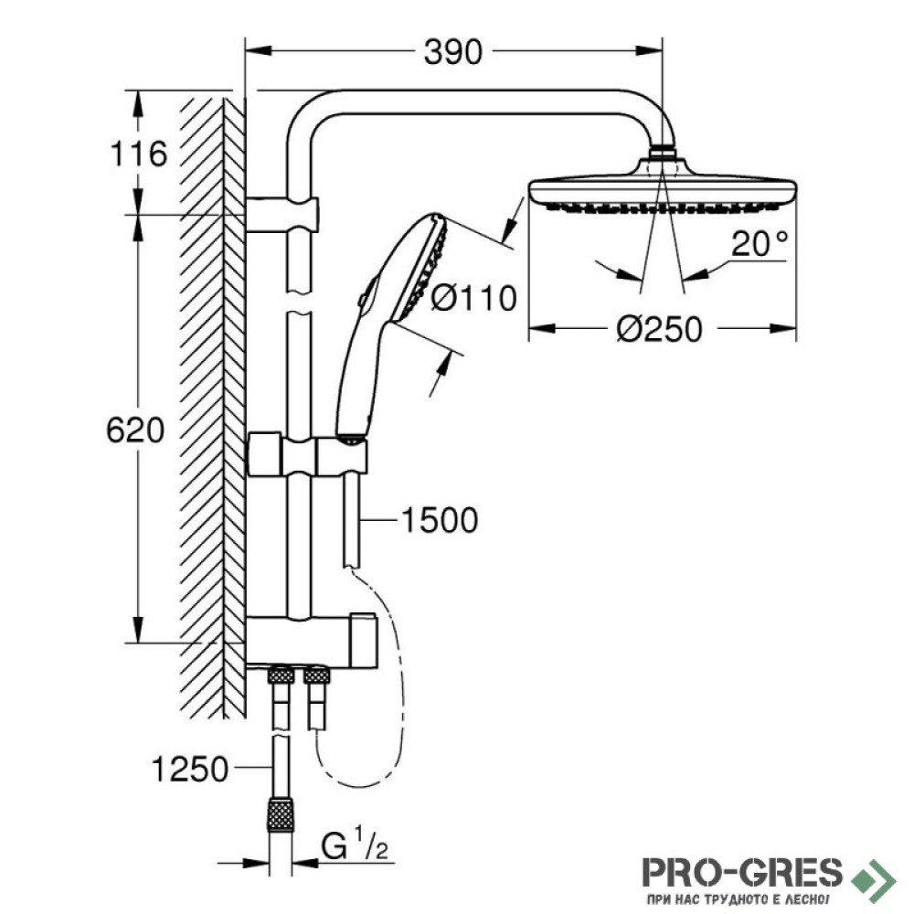 Тръбно окачване, без смесител, Tempesta 250, Grohe 269802431