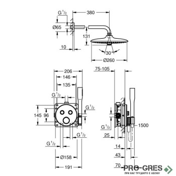 Душ комплект за вграждане, Grohtherm SmartControl с Euphoria 260, Grohe 34867000