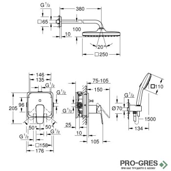 Душ комплект за вграждане, черен мат, Cubeo, Grohe 1053362430