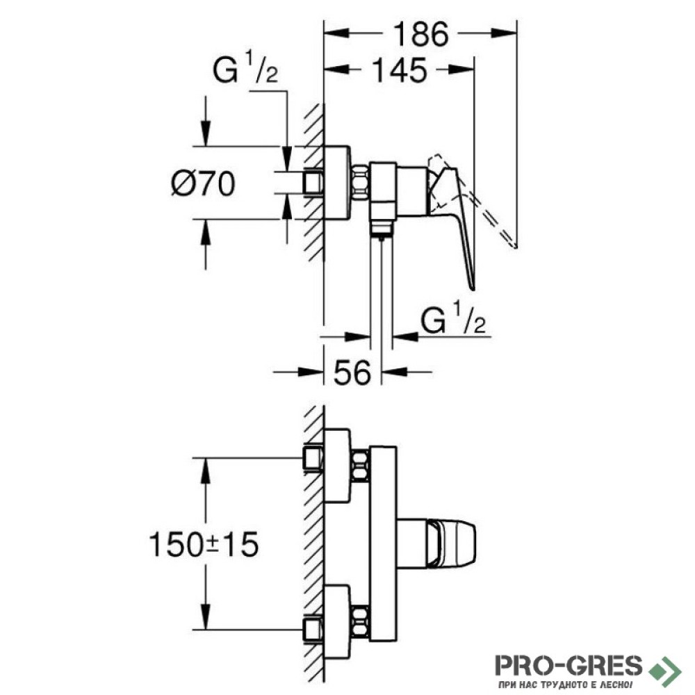 Смесител за душ, стенен, черен мат, Cubeo, Grohe 1018242430