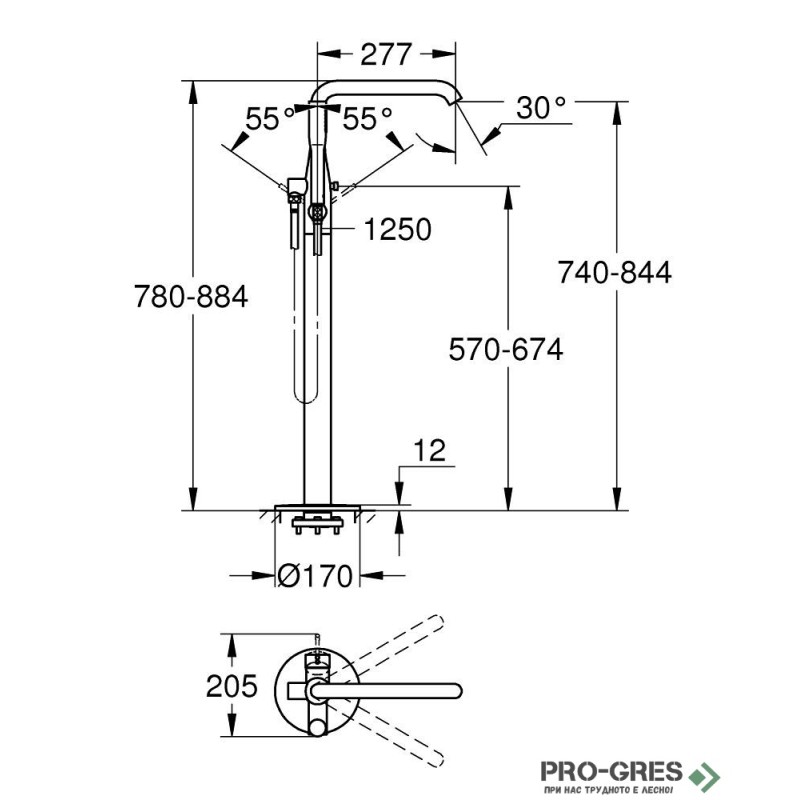 Смесител за вана с ръчен душ,подов монтаж,BRUSHED Hard Graphite, Esence Grohe 23491AL1