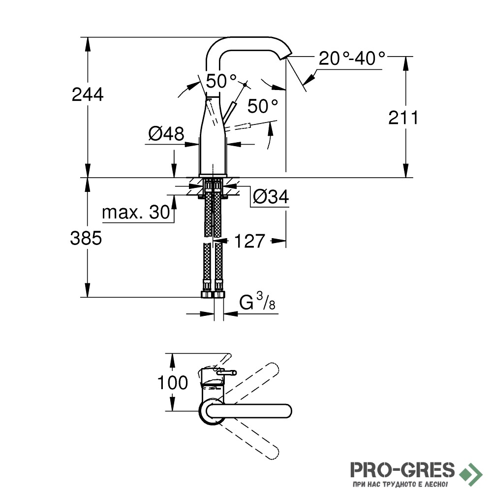 Смесител за умивалник, L-размер, черен мат, Essence, Grohe 24177KF1