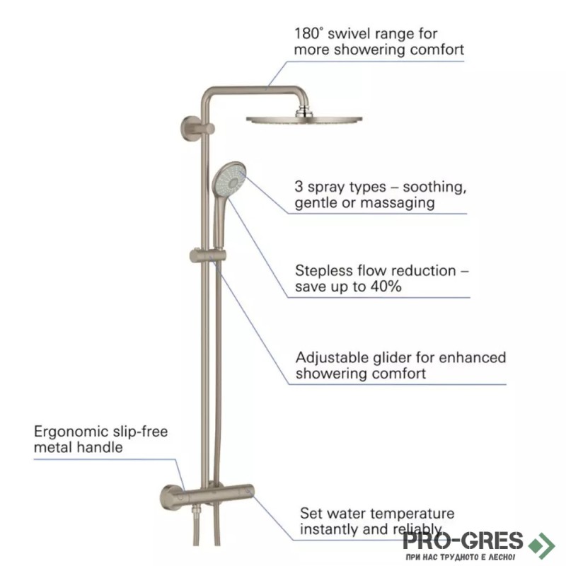 Душ система с термостатен смесител,SuperSteel GROHE EUPHORIA 310  26075DC0