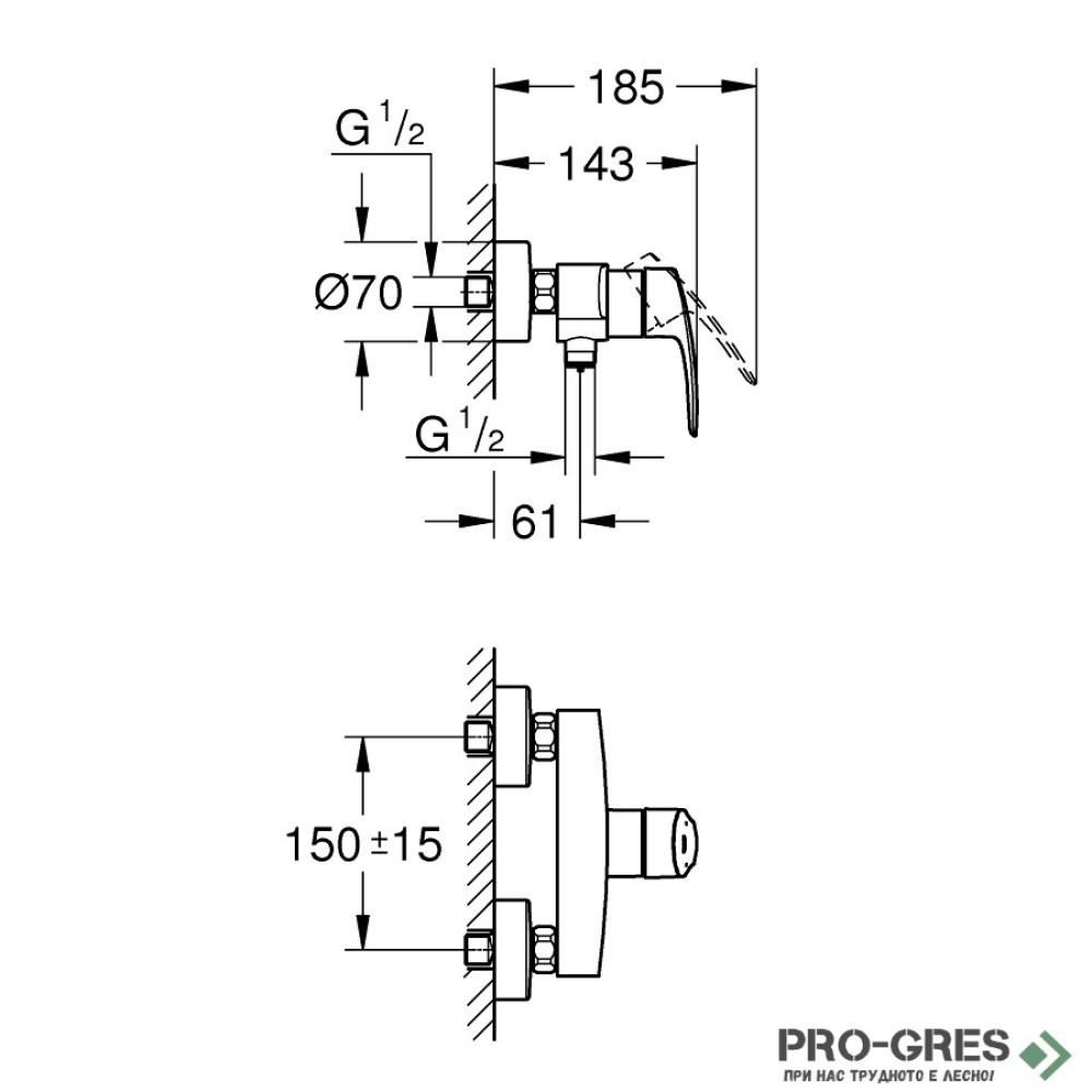 Смесител за душ, стенен, черен мат, Eurosmart, Grohe 335552433