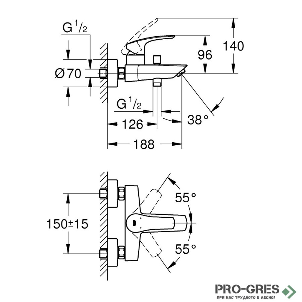 Смесител за душ/вана, стенен, черен мат, Eurosmart, Grohe 333002433