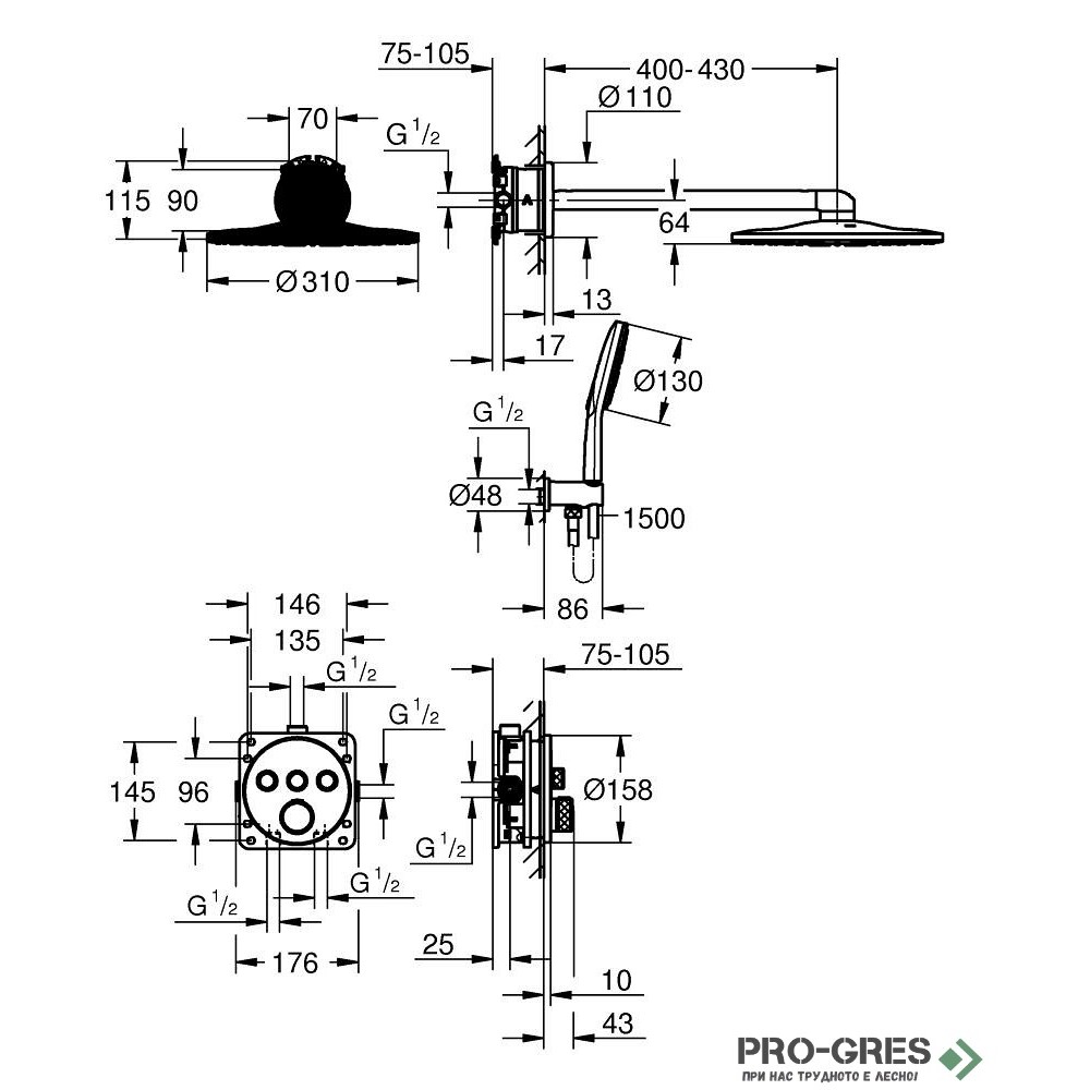 Термостатен смесител за вграждане,BRUSHED Hard Graphite,GROHTHERM Grohe 34864AL0