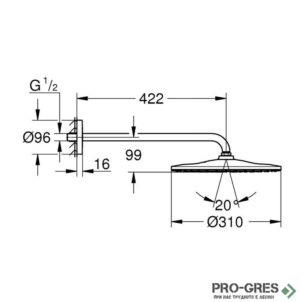 Душ пита и рамо 422мм, черен мат, Rainshower Mono 310, Grohe 22121KF0