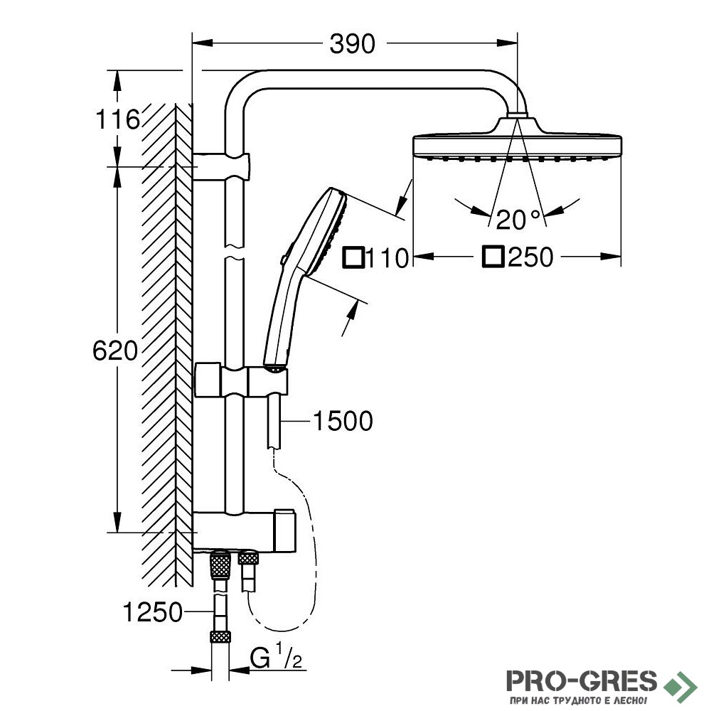Тръбно окачване, без смесител, Tempesta Cube 250, Grohe 269772431