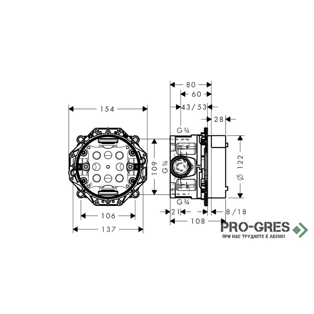 Универално тяло за вграждане смесител за вана/душ, IBOX UNIVERSAL 2, HansGrohe 01500180