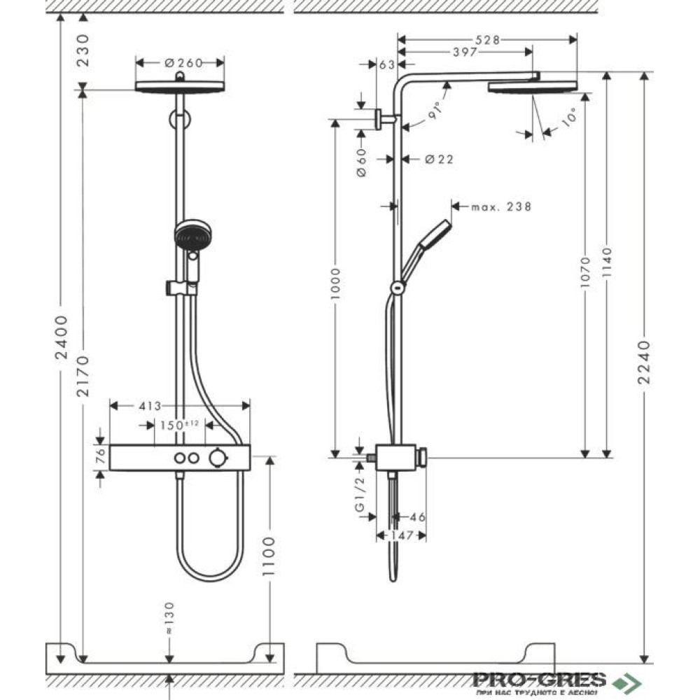 Душ колона, термостатна, PULSIFY S 260 1jet, хром, Hansgrohe 24220000