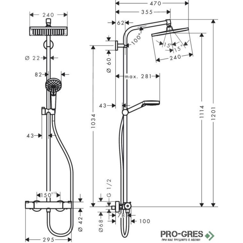 Душ колона,термостатна, Crometta E 240, Hansgrohe 27271000