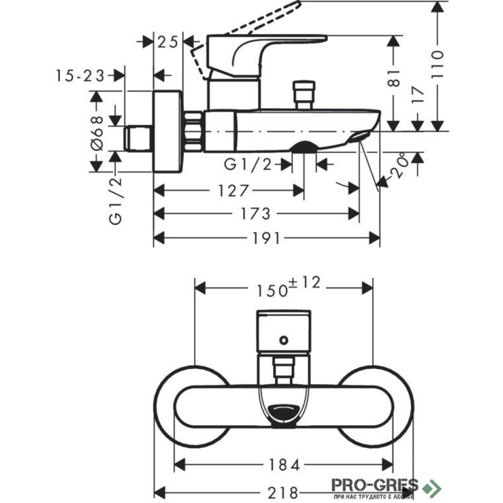 Смесител за вана/душ стенен, REBRIS S, хром, Hansgrohe 72440000