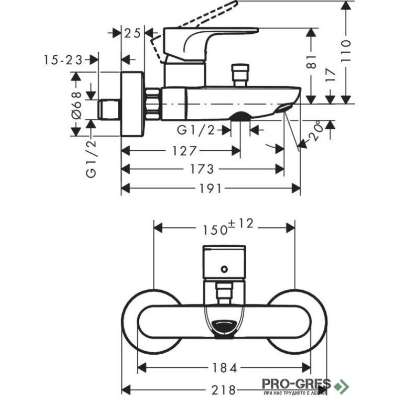 Смесител за вана/душ стенен, REBRIS S, хром, Hansgrohe 72440000