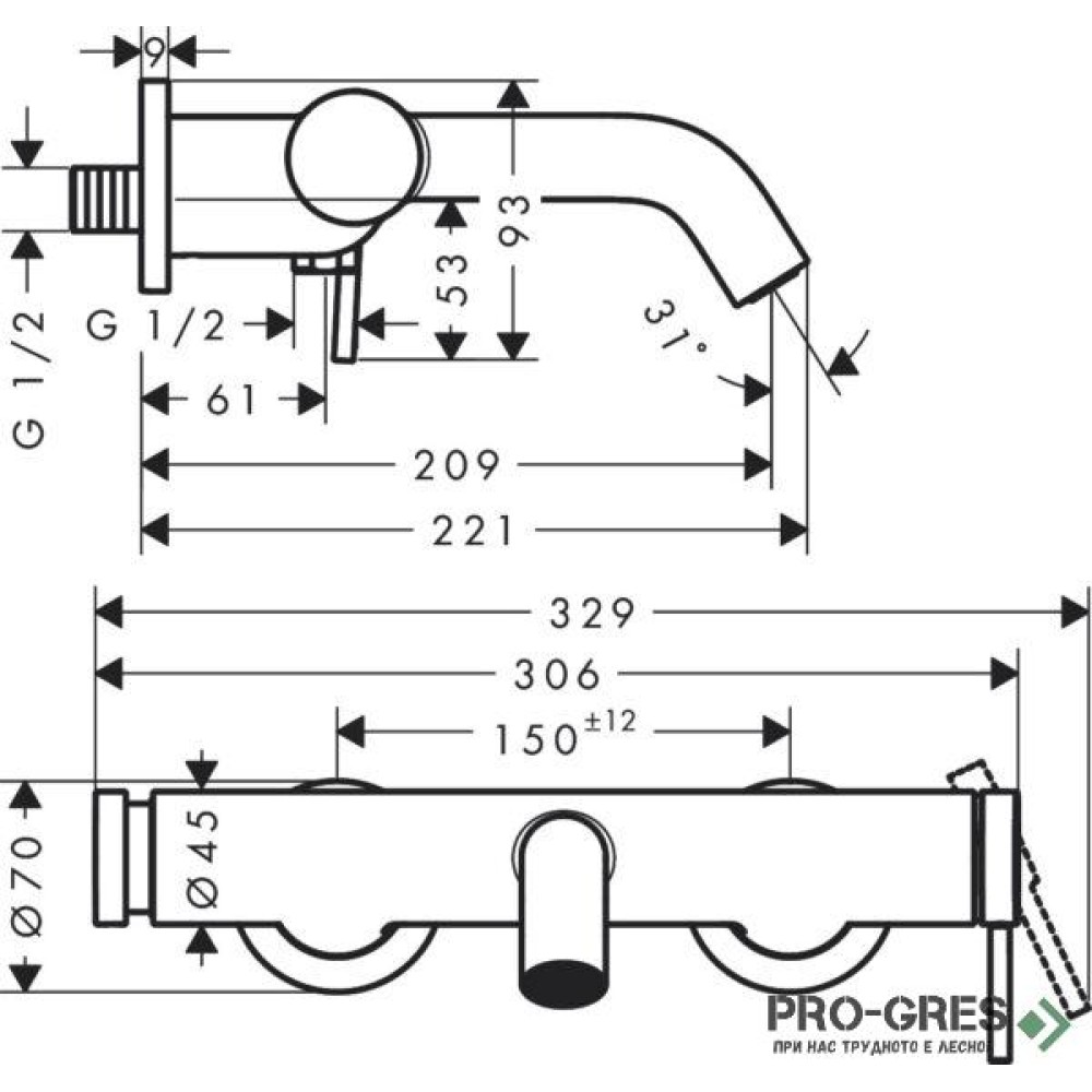 Смесител за вана/душ стенен, TECTURIS S, хром, Hansgrohe 73422000