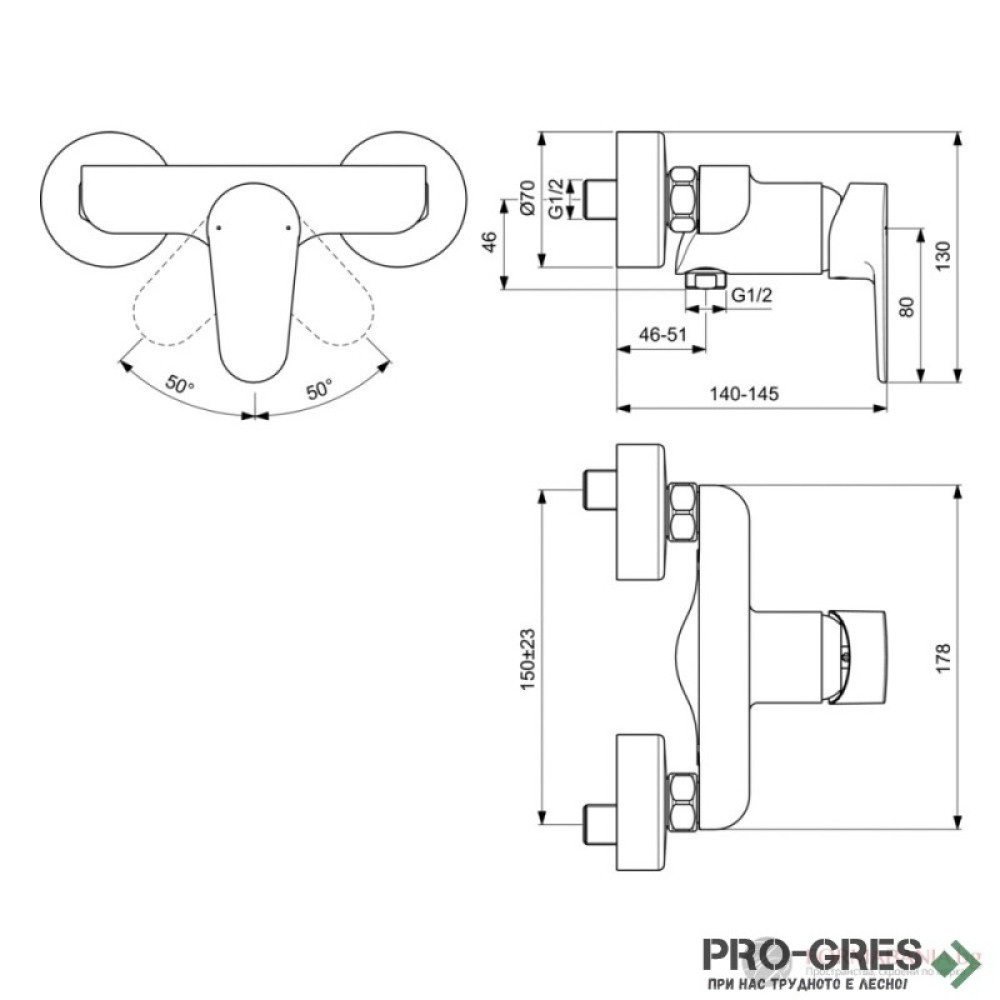 Смесител стенен за душ, черен мат/хром, Tyria Ideal Standart BC156HS