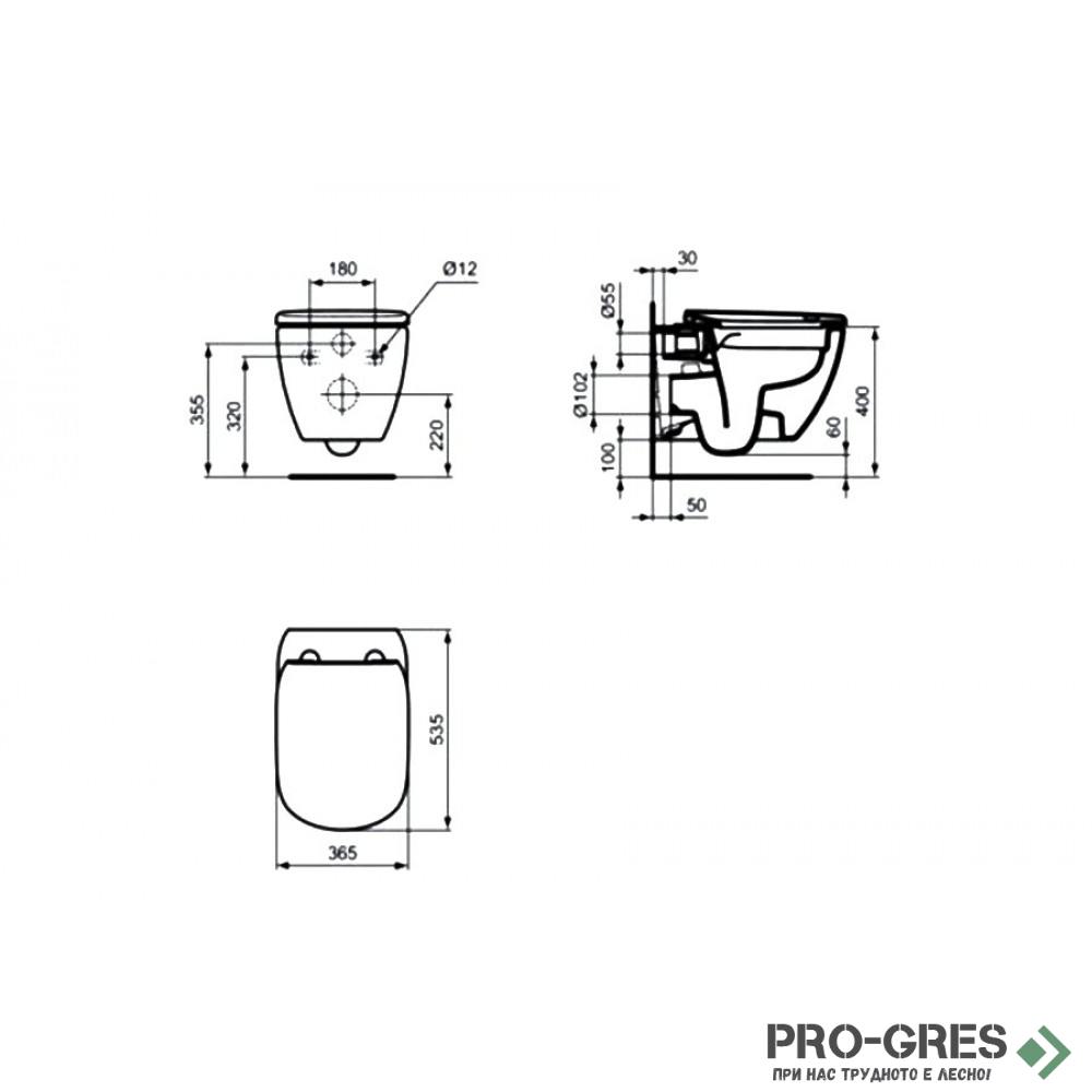 Комплект структура за вграждане с конзолна тоалетна Tesi Rimless+Ideal Standart R059501,бутон по избор