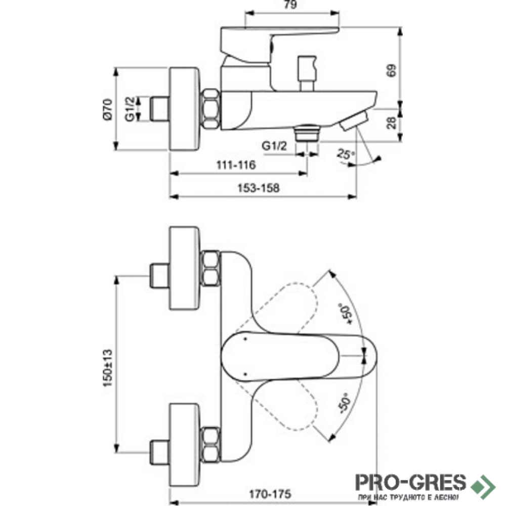 Смесител стенен за душ, бял мат/хром, Tyria Ideal Standart BC157HO