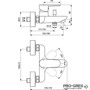 Смесител стенен за вана/душ, черен мат/хром, Tyria Ideal Standart BC157HS