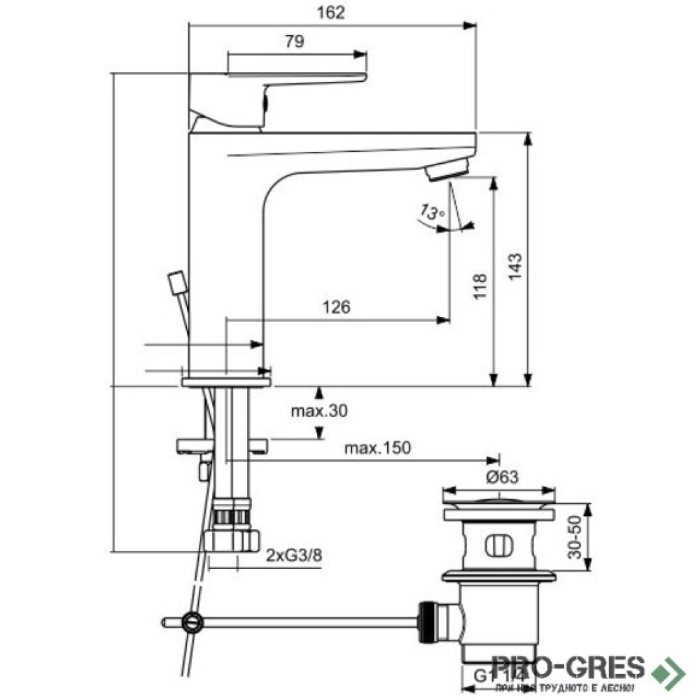 Смесител за умивалник, 5 l/min с метален изпразнител, черен мат/хром Tyria Ideal Standart BC159HS