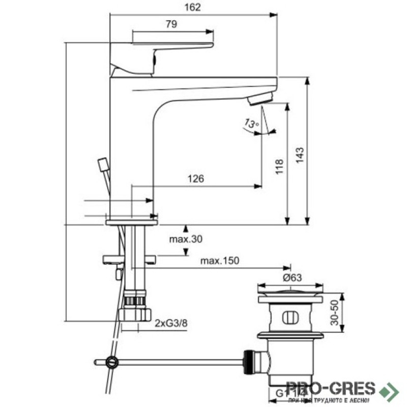 Смесител за умивалник, 5 l/min с метален изпразнител, черен мат/хром Tyria Ideal Standart BC159HS