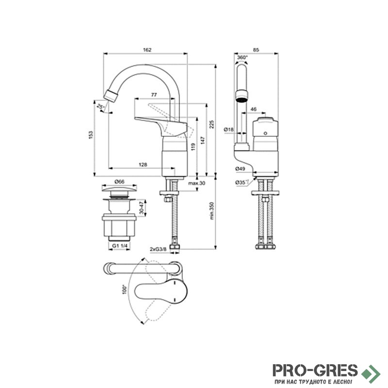 Смесител за умивалник с висок тръбен чучур с Click изпразнител, 5 l/min Cerabase, Ideal Standart, BC835AA