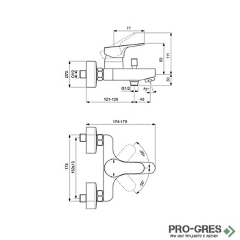 Стенен смесител за вана/душ Cerabase, Ideal Standart, BC843AA
