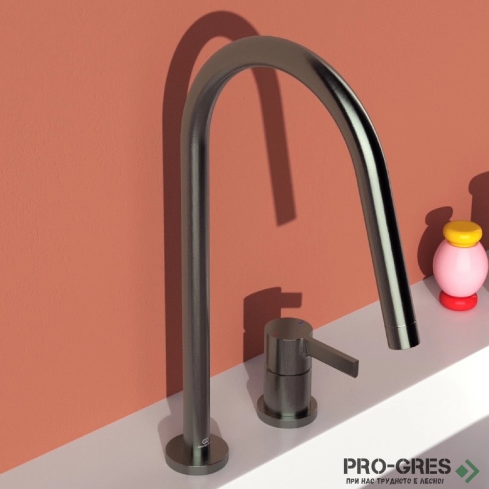 Смесител за кухня с висок тръбен чучур,дву дупков,магнитно сив Gusto Ideal Standard BD422A5