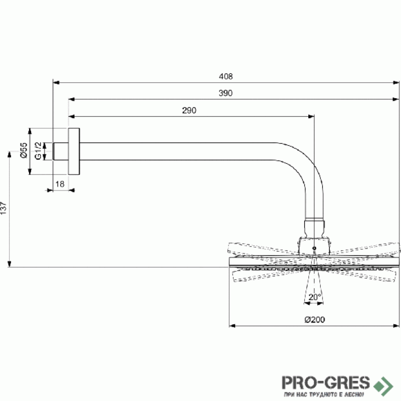 Душ глава 200 mm и рамо за монтаж към стена 300 mm Idealrain BD647AA