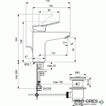 Смесител за умивалник H95 с метален изпразнител 5l/min, Dorea, Ideal Standart, BD741AA Смесител за умивалник H95 с метален изпразнител 5l/min, Dorea, Ideal Standart, BD741AA