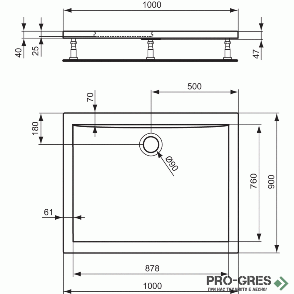 Правоъгълно поддушово корито 100x90cm Ideal Standart Ultra Light K518101