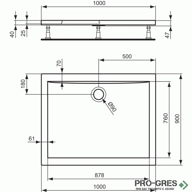 Правоъгълно поддушово корито 100x90cm Ideal Standart Ultra Light K518101