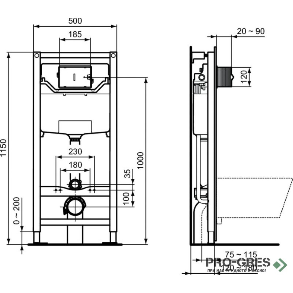 Комплект структура за вграждане с конзолна тоалетна TESI Aquablade Ideal Standart T386801 бутон по избор