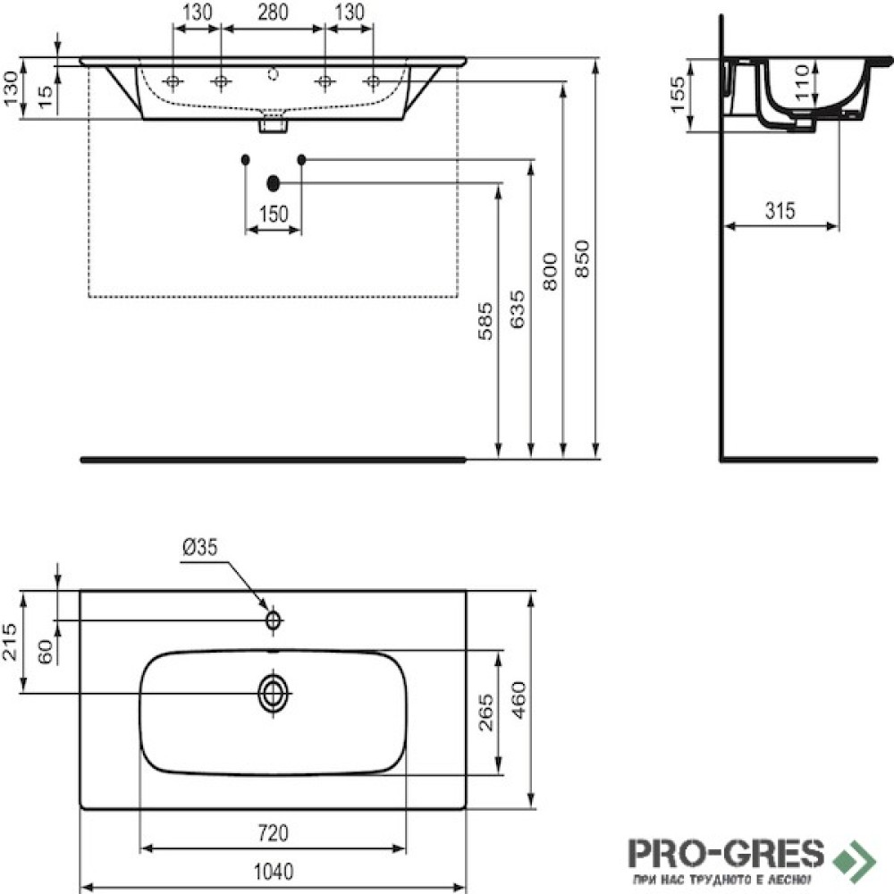 Мивка за мебел с отвор за смесител и преливник 104cm Ideal Standart I.Life A T462101