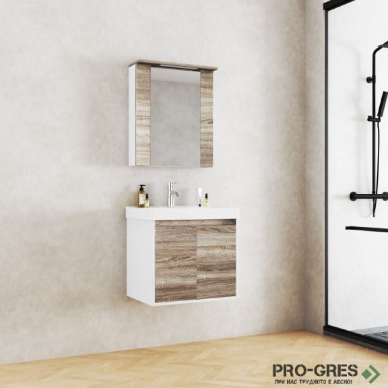 Конзолен PVC шкаф за баня 60см, бял/дървесен, Inter Ceramic ICP 6055 WOODEN