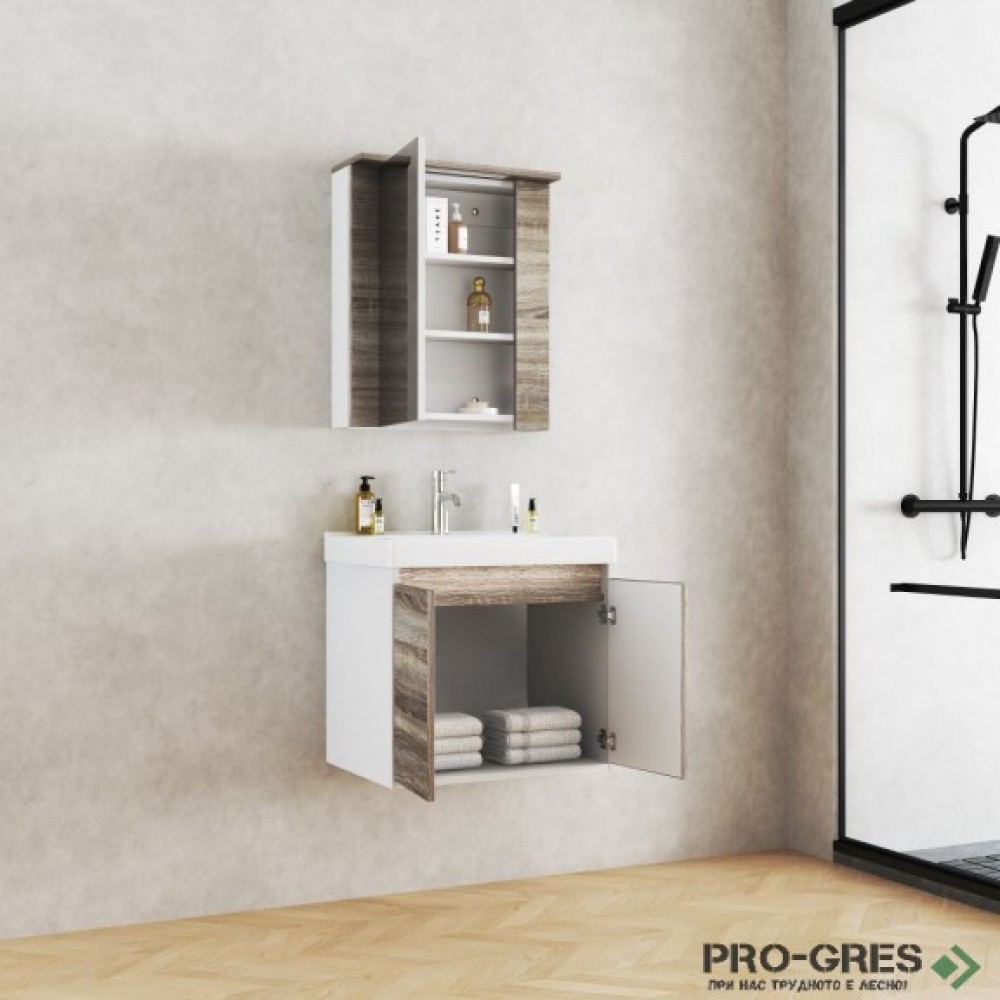 Конзолен PVC шкаф за баня 60см, бял/дървесен, Inter Ceramic ICP 6055 WOODEN