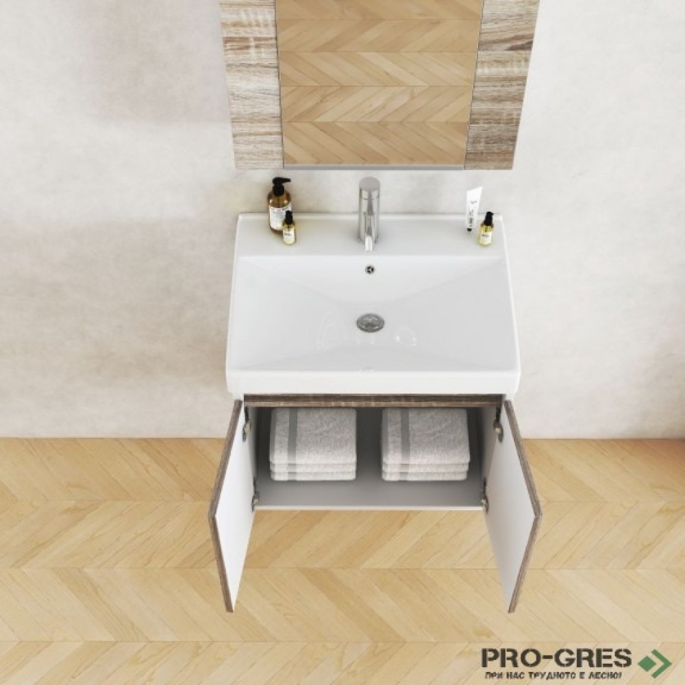 Конзолен PVC шкаф за баня 60см, бял/дървесен, Inter Ceramic ICP 6055 WOODEN