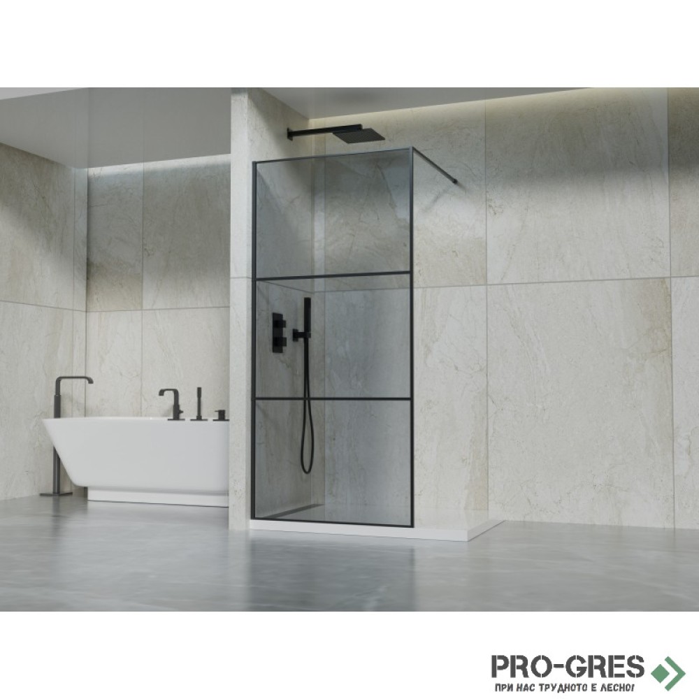 Параван за баня, стационарен, черен,90см, 4мм сиво стъкло, Inter Ceramic  ICS 123B/90
