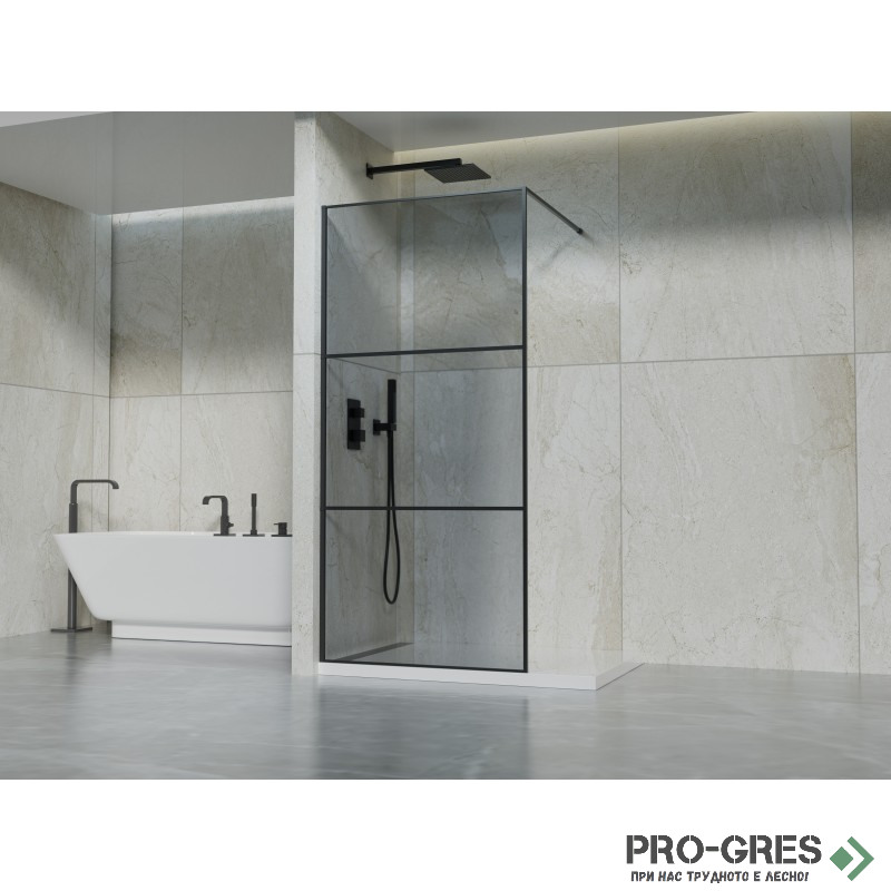 Параван за баня, стационарен, черен,90см, 4мм сиво стъкло, Inter Ceramic  ICS 123B/90