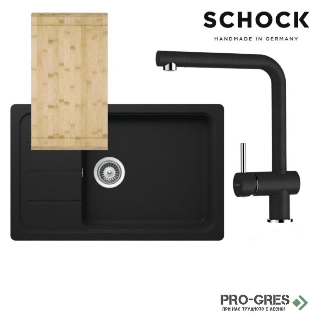 Комплект мивка за кухня, смесител за кухня и дъска SCHOCK FORMHAUS D100LS / SCHOCK Epos Fix 540000 Onyx