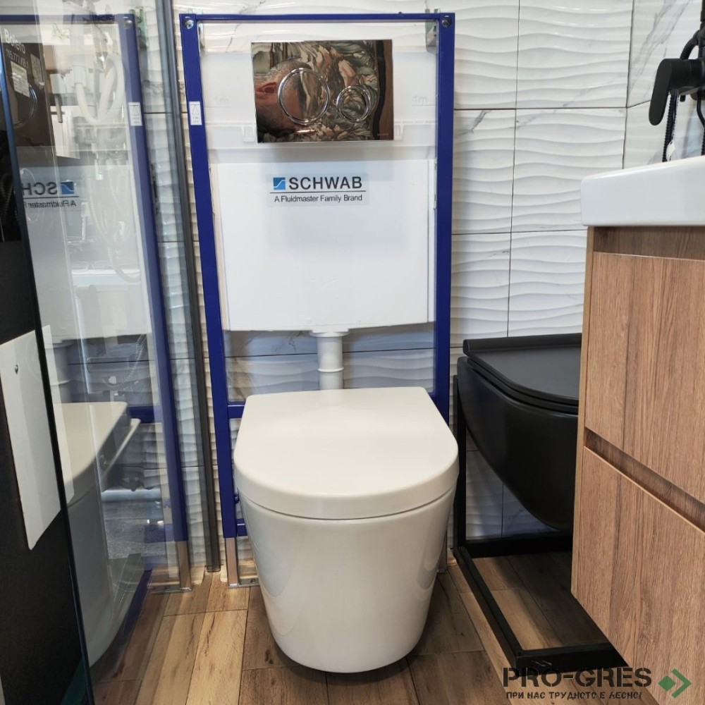 Комплект структура за вграждане,хром бутон SCHWAB с конзолна тоалетна Muk Rimless