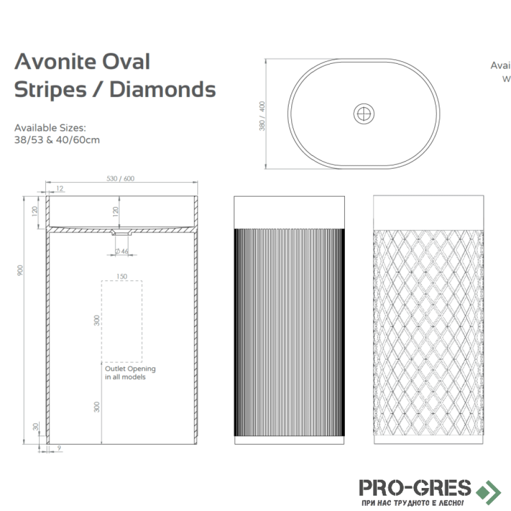 Свободностояща мивка за баня Avonite Oval Diamonds 60x40x90 см  Solid Stone в цвят по RAL