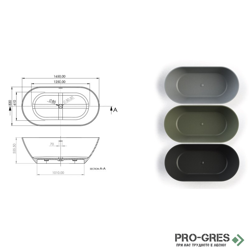 Свободностояща вана New Cusco Small 160x70/165х83/175х85 см Solid Stone в цвят по RAL