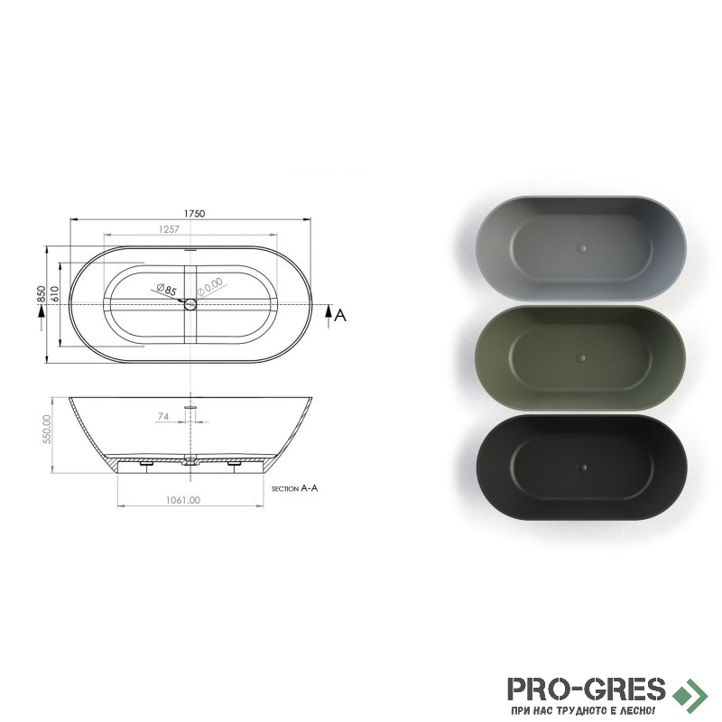 Свободностояща вана New Cusco Small 160x70/165х83/175х85 см Solid Stone в цвят по RAL