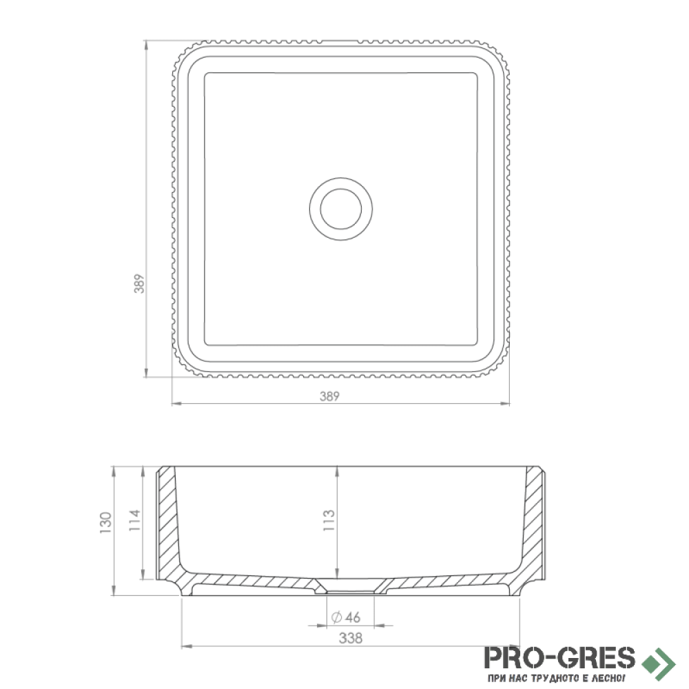 Мивка за баня Vigo Square Stripes 390х390х130 мм Solid Stone в цвят по RAL