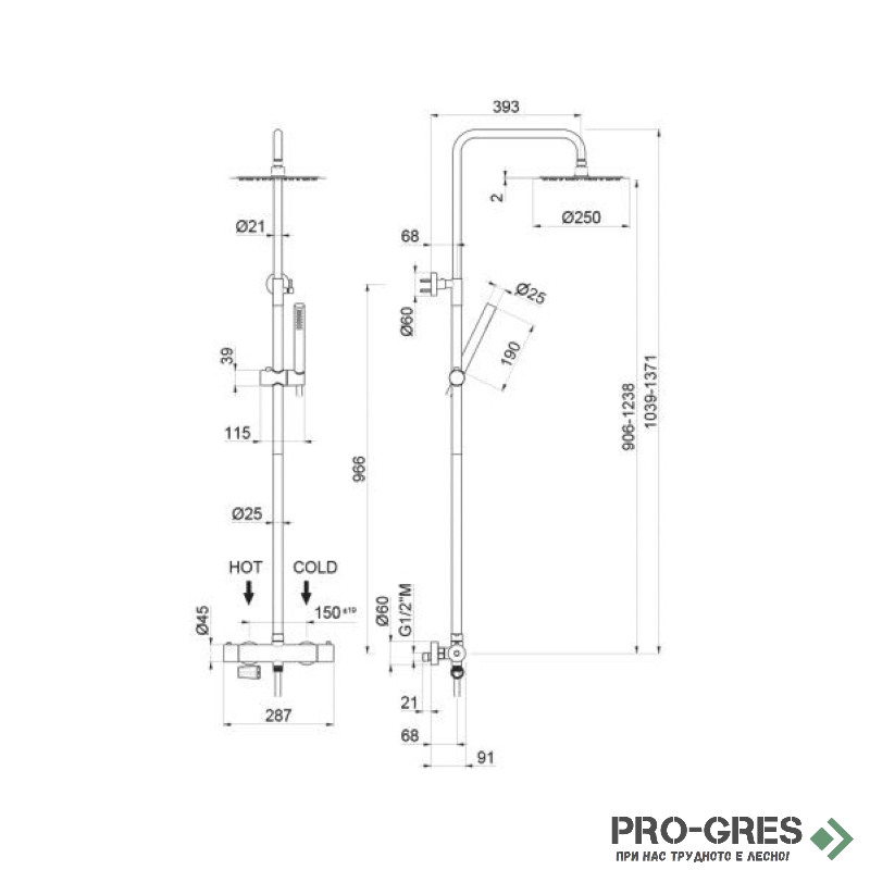 Термoстатна душ колона от неръждаема стомана, Vema, Tiber Steel, V08233.AC.005