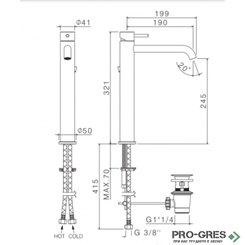 Висок стоящ смесител за мивка с изпразнител, Vema, Tiber Steel,  V17020.AC.005