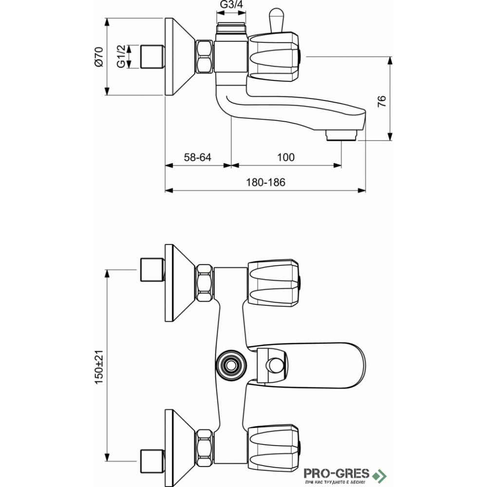 Смесител стенен за вана/душ Rositsa Vidima B1106AA