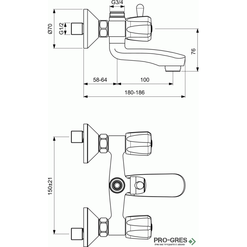Смесител стенен за вана/душ Rositsa Vidima B1106AA