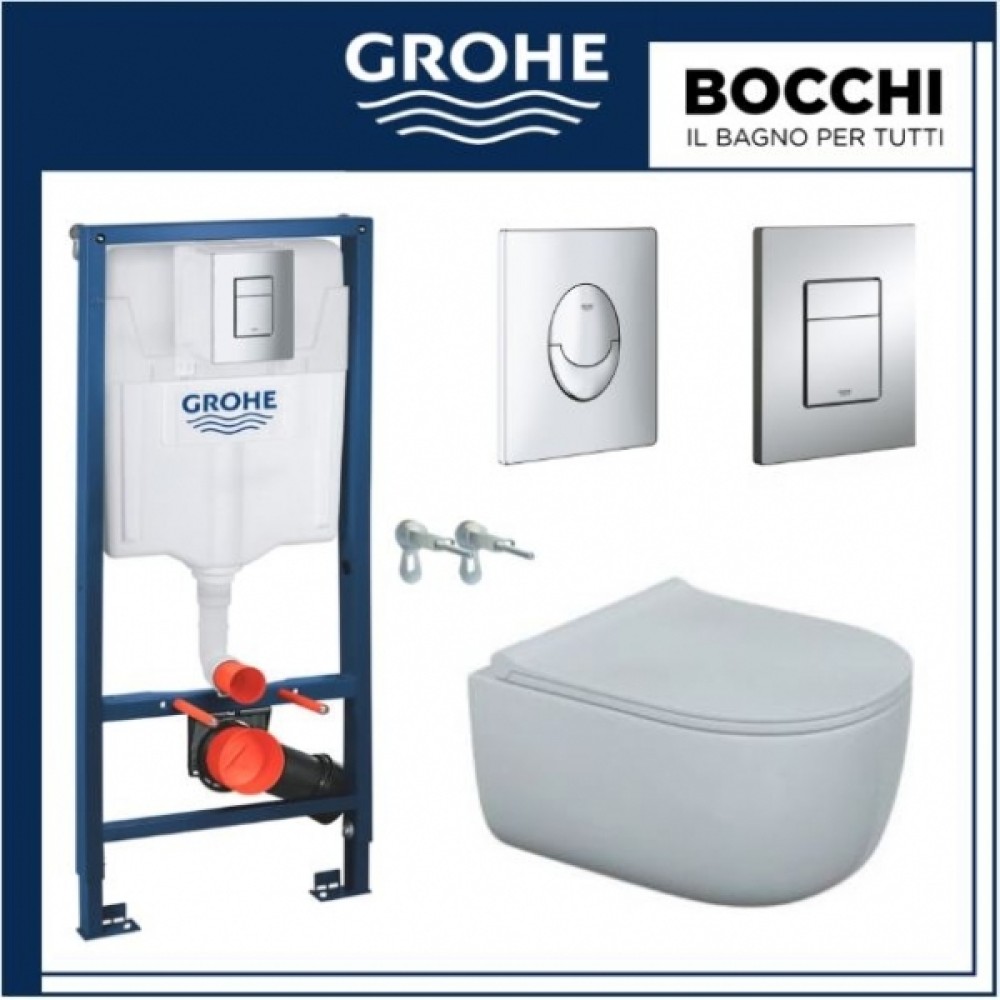 Пакет структура за вграждане Grohe и конзолна чиния,компактна Bocchi Tondo Rimless 49СМ ,с тънки,плавни седалка и капак