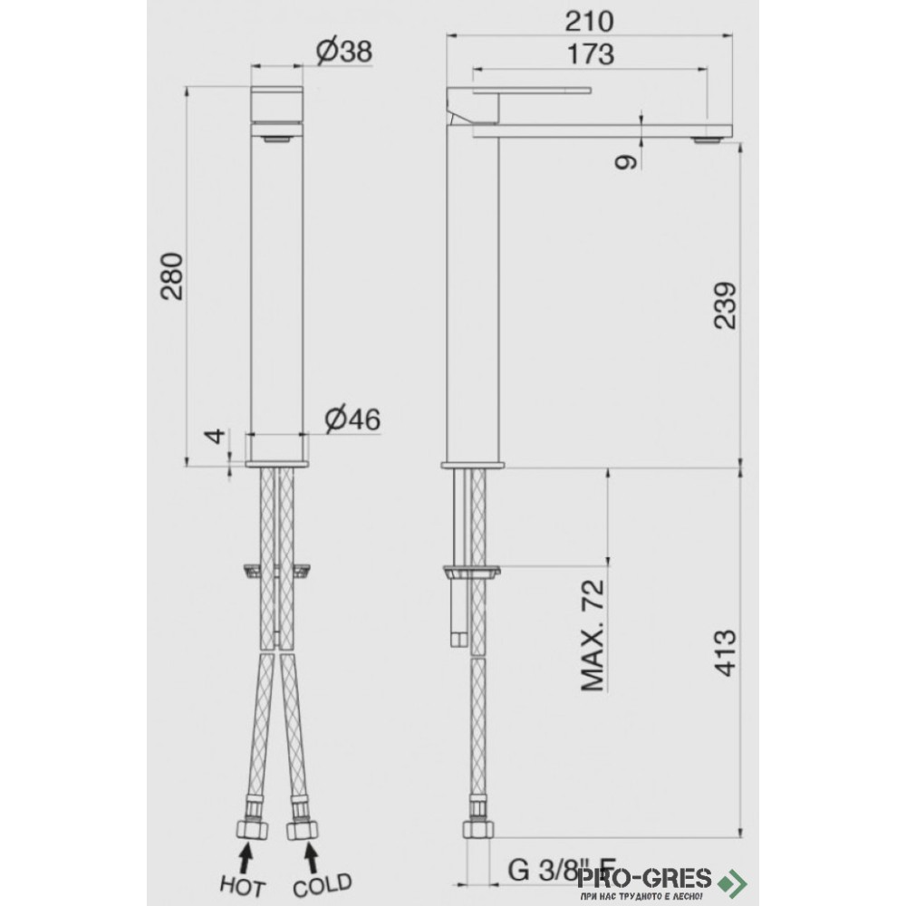 Висок смесител за мивка от неръждаема стомана, Vema, Ayas Steel, V28020.AC.005